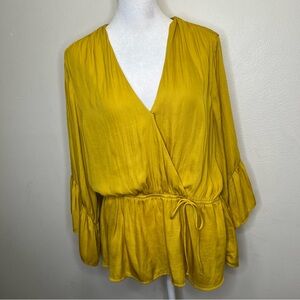 DOLAN Yellow boho blouse with‎ flared sleeves, V neckline, and belted waist XL